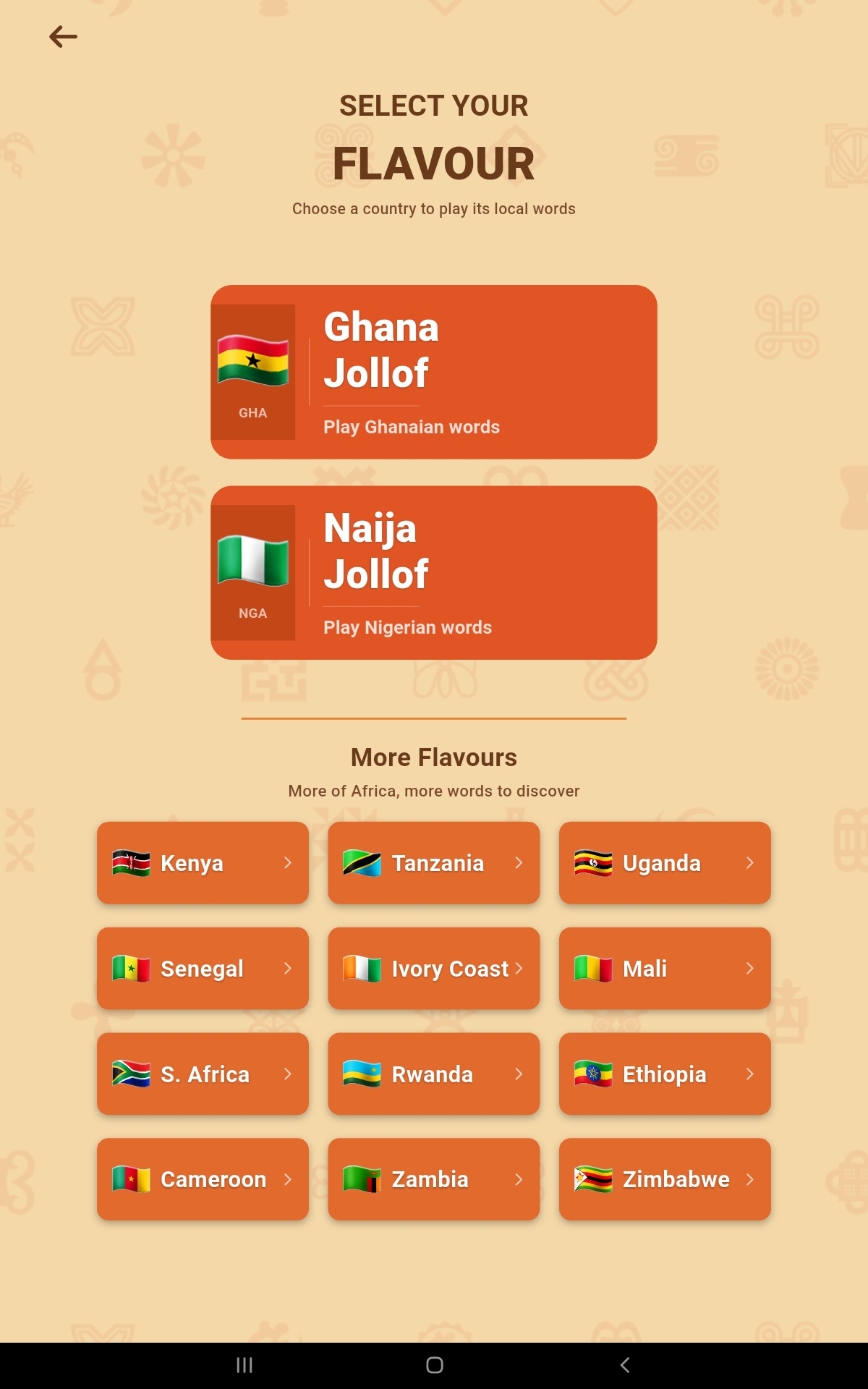 JollofWords in-game flavour select screen — Ghana Jollof vs Naija Jollof
